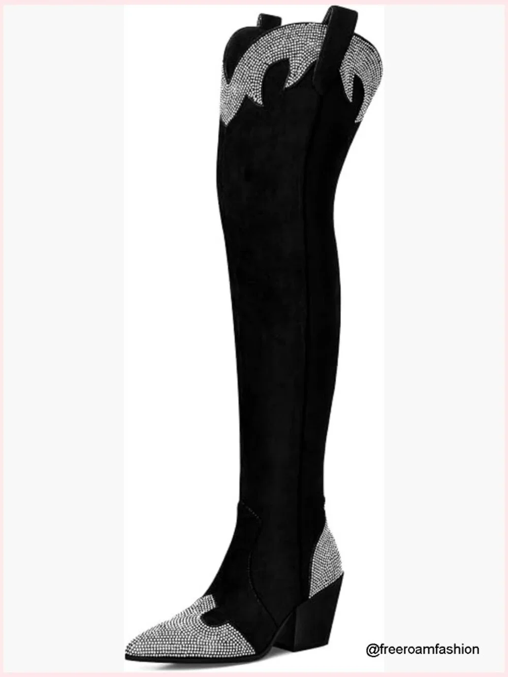 Over The Knee Cowgirl Boots with Rhinestone - Pointed Toe Chunky Heel Side